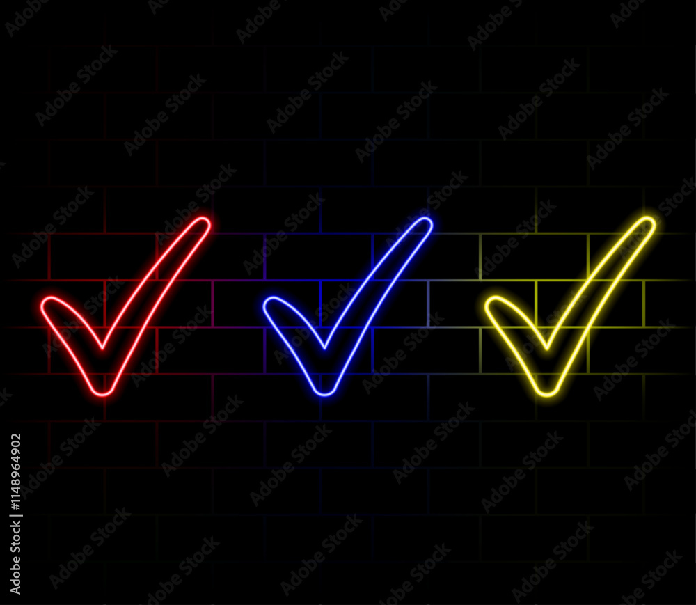 Check mark line symbol neon light in black brick background. Vector illustration.