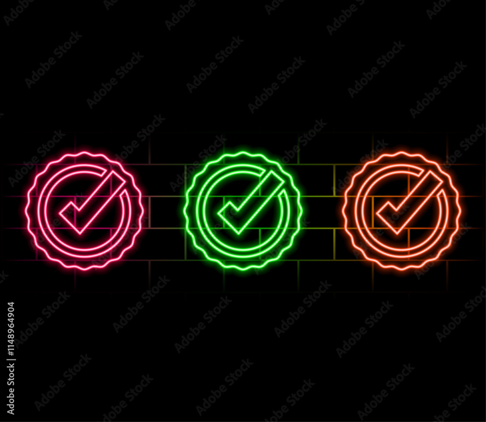 Check mark round neon sign.  check mark in circle on dark blue brick background. Vector illustration for checklist, forms, sites