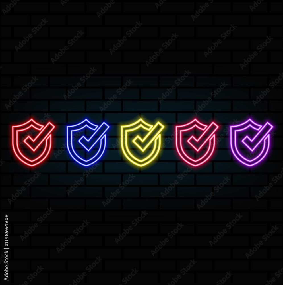 Check mark sign. Cyan neon icon in the dark. Bluring. Luminescence. Illustration.