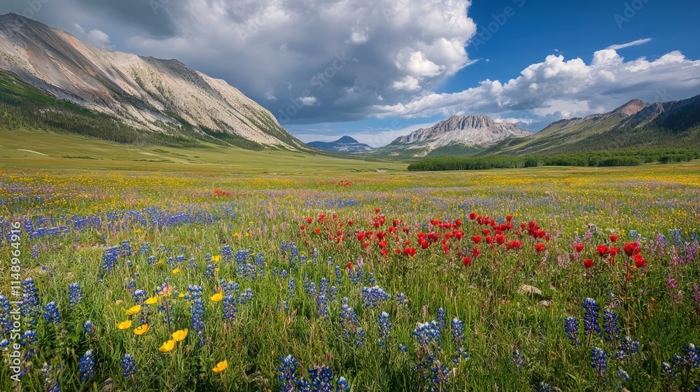 Fototapeta premium Vibrant Wildflower Meadow Surrounded by Majestic Mountain Peaks