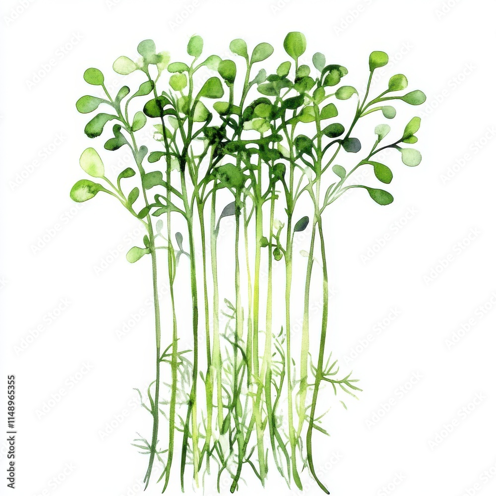 Fototapeta premium Hand-drawn dill microgreens, a healthy food illustration in watercolor style.