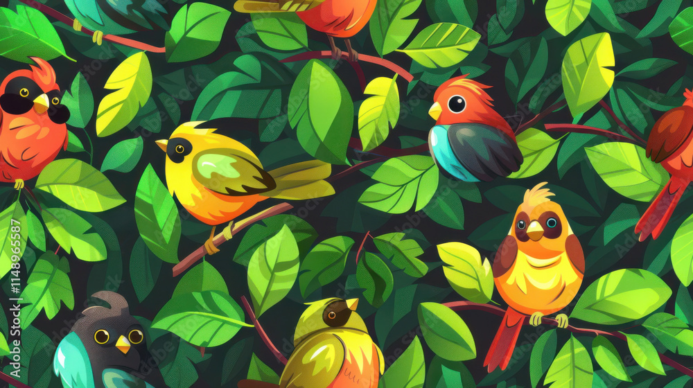 Fototapeta premium Colorful birds nestled among lush green leaves in vibrant cartoon style