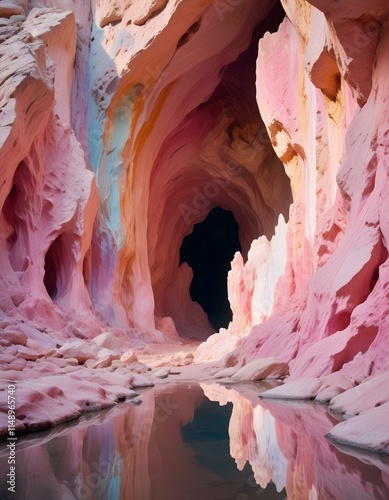 A large cosmic portal in the middle of an ancient pink cave, the walls made out with rocks, the ground is reflective white, magical and iridescent light reflections, high detail photo