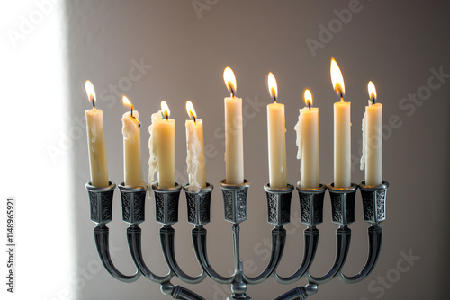 Jewish religious holiday Hanukkiah with holiday Hanukkah (traditional candelabra) on a dark background photo