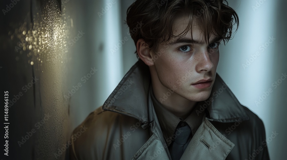 Young Man in Trench Coat with Intense Expression in Urban Setting Young Man in Trench Coat with Intense Expression in Urban Setting