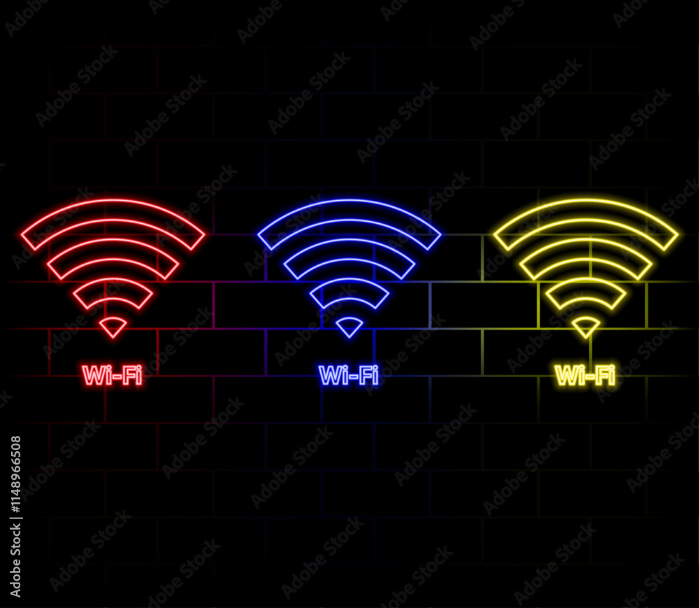Wifi neon signs collection vector. Wifi Text Design Template Neon sign, light strip, neon sign, night glowing advertising, light inscription. Vector illustration