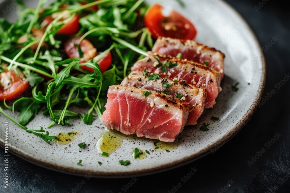 Freshly seared tuna steak served with arugula and cherry tomatoes garnished with herbs Freshly seared tuna steak served with arugula and cherry tomatoes garnished with herbs