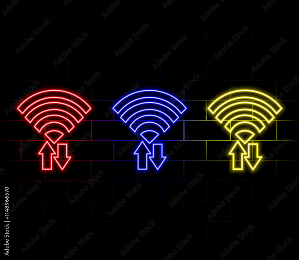 Wifi symbol icon, wireless network digital innovation concept, free internet zone symbol, futuristic technology with blue neon glow in the sky clouds, vector Wi Fi business connect background
