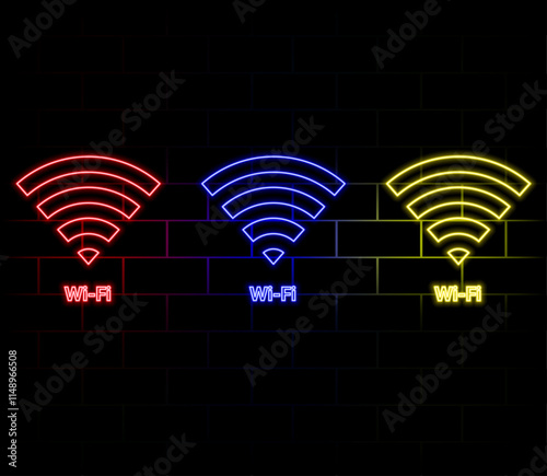 Wifi neon signs collection vector. Wifi Text Design Template Neon sign, light strip, neon sign, night glowing advertising, light inscription. Vector illustration
