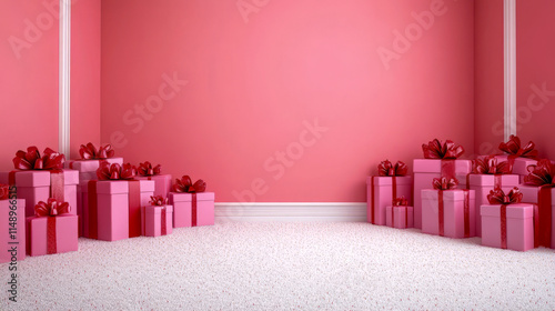 Room with numerous pink gift boxes and red ribbons on white carpet