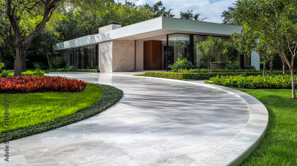 Modern minimalist house with glass walls and curved stone driveway in lush greenery Modern minimalist house with glass walls and curved stone driveway in lush greenery