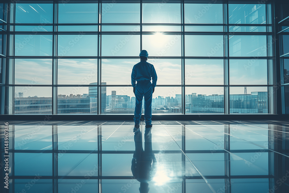 worker in blue uniform and helmet stands by large window, gazing at city skyline. bright sunlight reflects off polished floor, creating serene atmosphere worker in blue uniform and helmet stands by large window, gazing at city skyline. bright sunlight reflects off polished floor, creating serene atmosphere