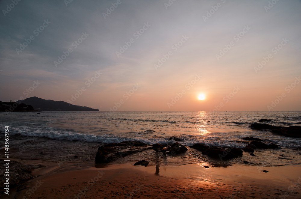 Tranquil Beach Sunset With Gentle Waves and Serene Seascape in a Peaceful Setting Tranquil Beach Sunset With Gentle Waves and Serene Seascape in a Peaceful Setting
