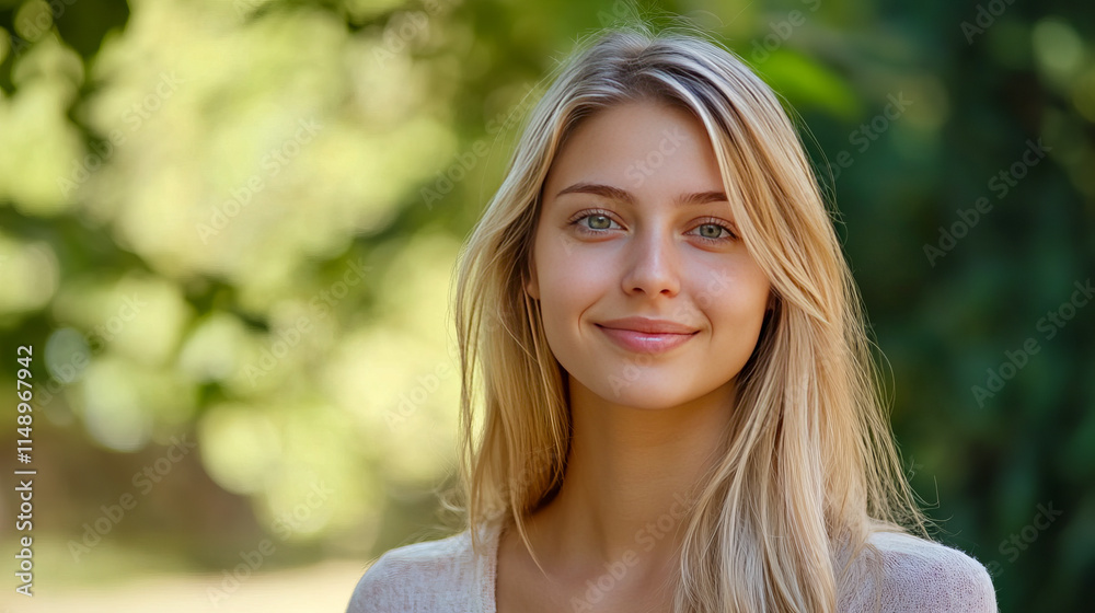Young caucasian female smiling outdoors in natural sunlight Young caucasian female smiling outdoors in natural sunlight