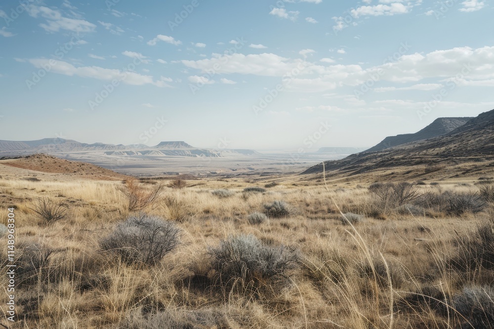 Vast grassy plains stretch under a blue sky with clouds, leading towards distant mountains, showcasing nature's beauty and tranquility Vast grassy plains stretch under a blue sky with clouds, leading towards distant mountains, showcasing nature's beauty and tranquility
