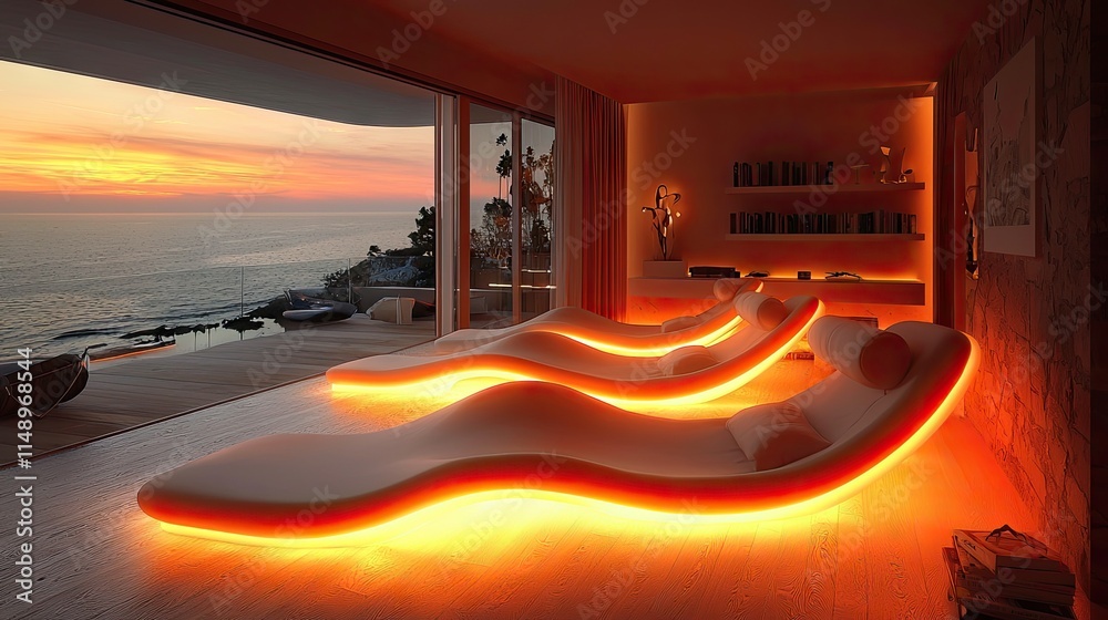 Fototapeta premium Futuristic Space-Age Home Theater with Floating Pod Chairs and Curved LED Screen Setup