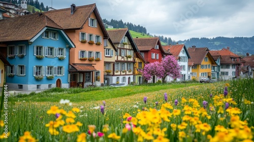 Wallpaper Mural Colorful Swiss Village Houses in a Spring Meadow Torontodigital.ca