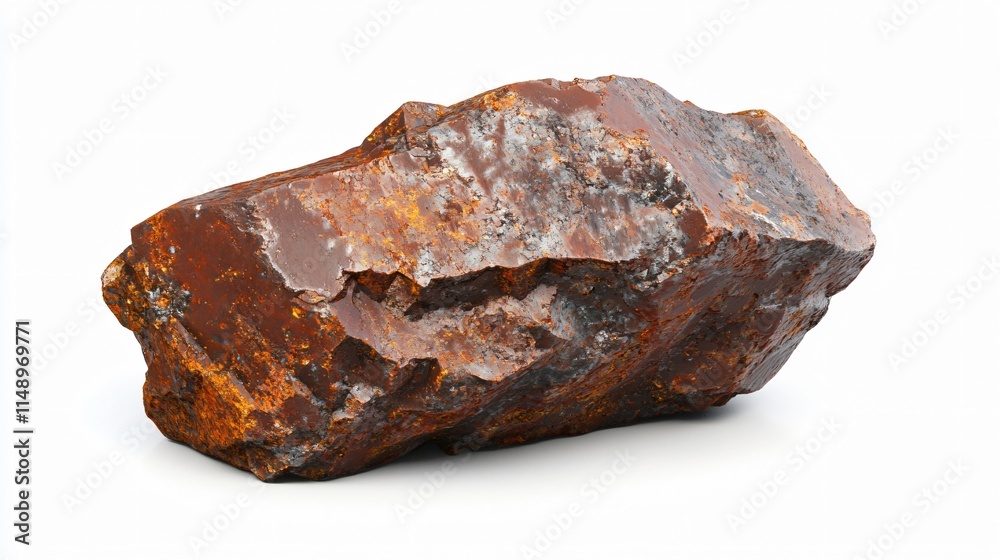 Realistic close-up of a piece of iron ore with a rough, reddish-brown exterior and metallic flecks on a white background Realistic close-up of a piece of iron ore with a rough, reddish-brown exterior and metallic flecks on a white background
