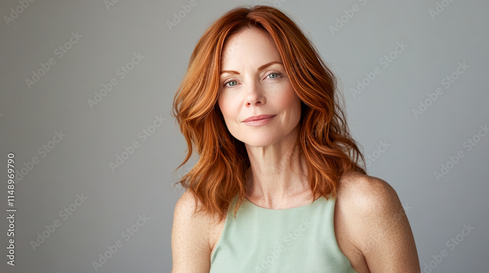 Caucasian mature female with red hair in green top against gray background Caucasian mature female with red hair in green top against gray background