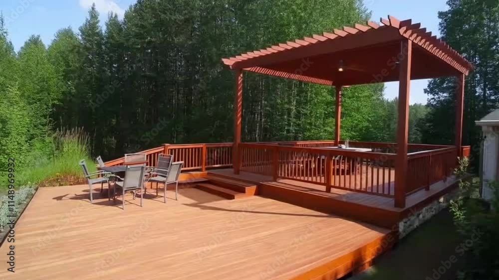 Stunning backyard house exterior featuring a spacious wooden deck and pergola in 4K video Stunning backyard house exterior featuring a spacious wooden deck and pergola in 4K video