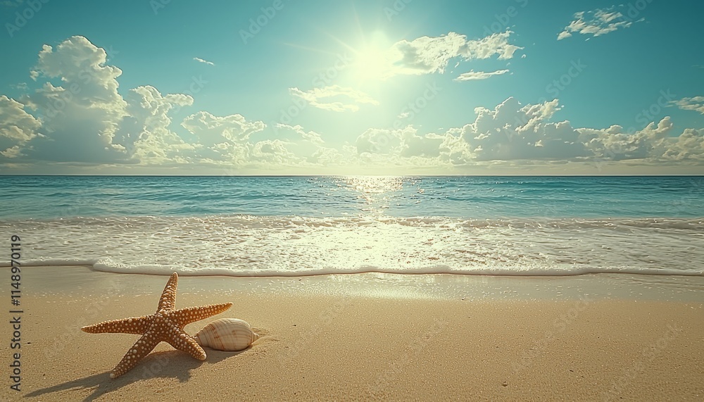 Starfish and Seashell on Sandy Beach at Sunny Day Starfish and Seashell on Sandy Beach at Sunny Day