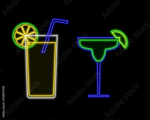 Cocktail Margarita Neon Design Element. Glass of Cocktail with Lime. Cocktail Bar, Pub. Popular Alcoholic cocktail. Glowing Vector illustration of Drinks promotion.