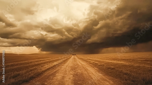 Dramatic storm clouds over empty rural dirt road in vast field landscape