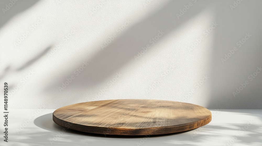 Round Wood Table Top with Abstract Shadow Drop on White Wall Background for Mockup Product Display
Round Wood Table Top with Abstract Shadow Drop on White Wall Background for Mockup Product Display
