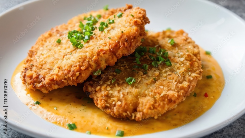 Chicken schnitzel cooked with a crispy crust. Served with sauce and fresh green salad. Chicken schnitzel cooked with a crispy crust. Served with sauce and fresh green salad.