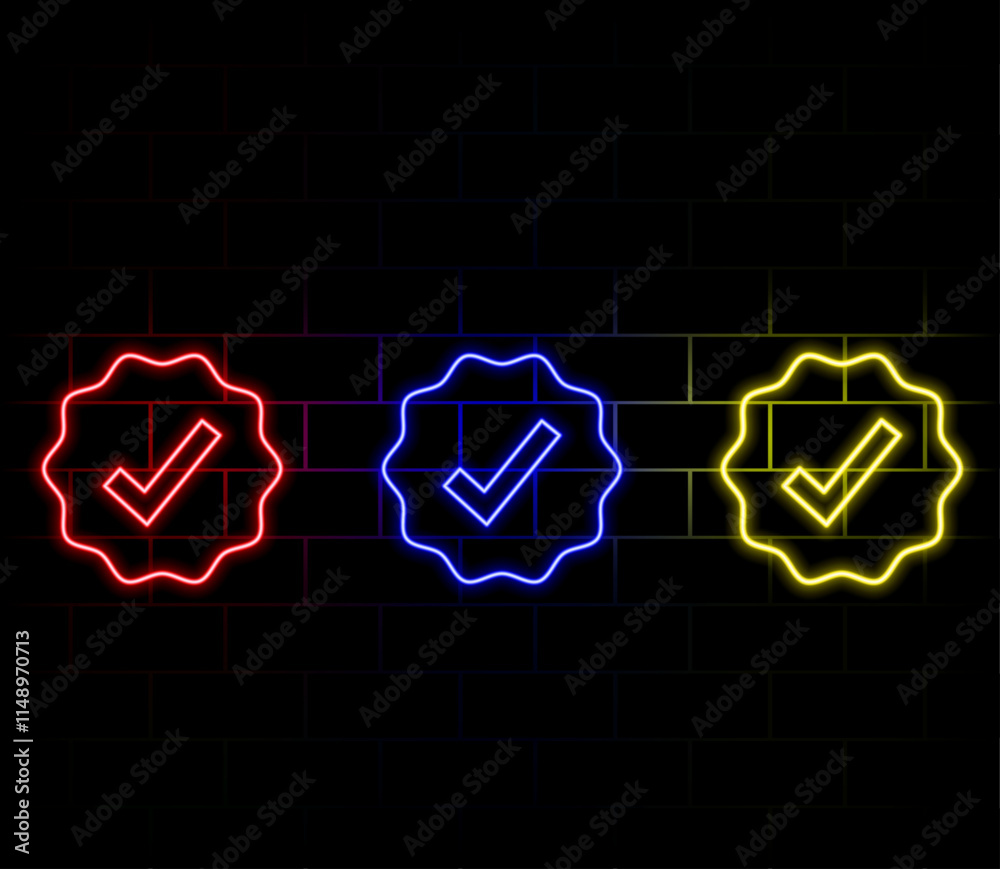 Green neon glowing check mark button icon symbol sign