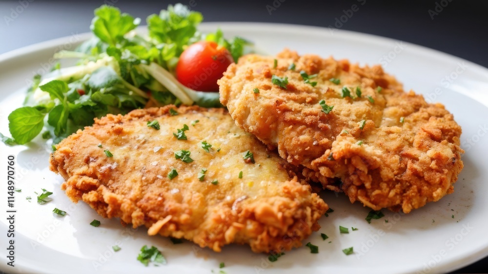 Chicken schnitzel cooked with a crispy crust. Served with sauce and fresh green salad. Chicken schnitzel cooked with a crispy crust. Served with sauce and fresh green salad.