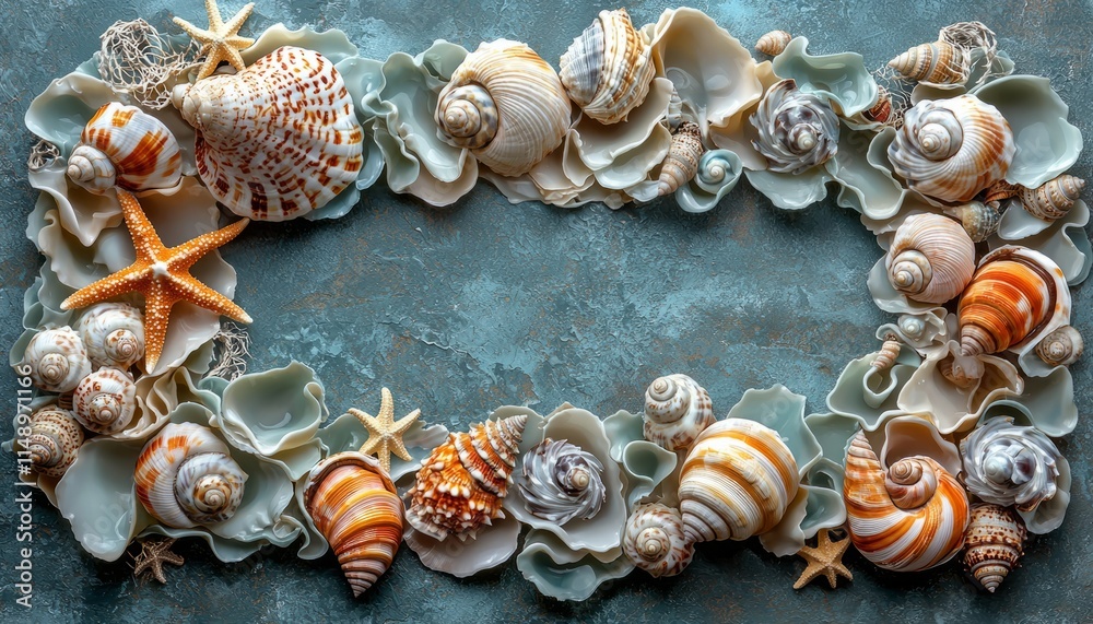 Fototapeta premium Seashells and Starfish Frame Ocean Decor