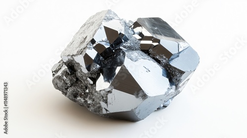 Realistic display of a block of galena ore with a metallic gray surface and crystalline structure on a white background