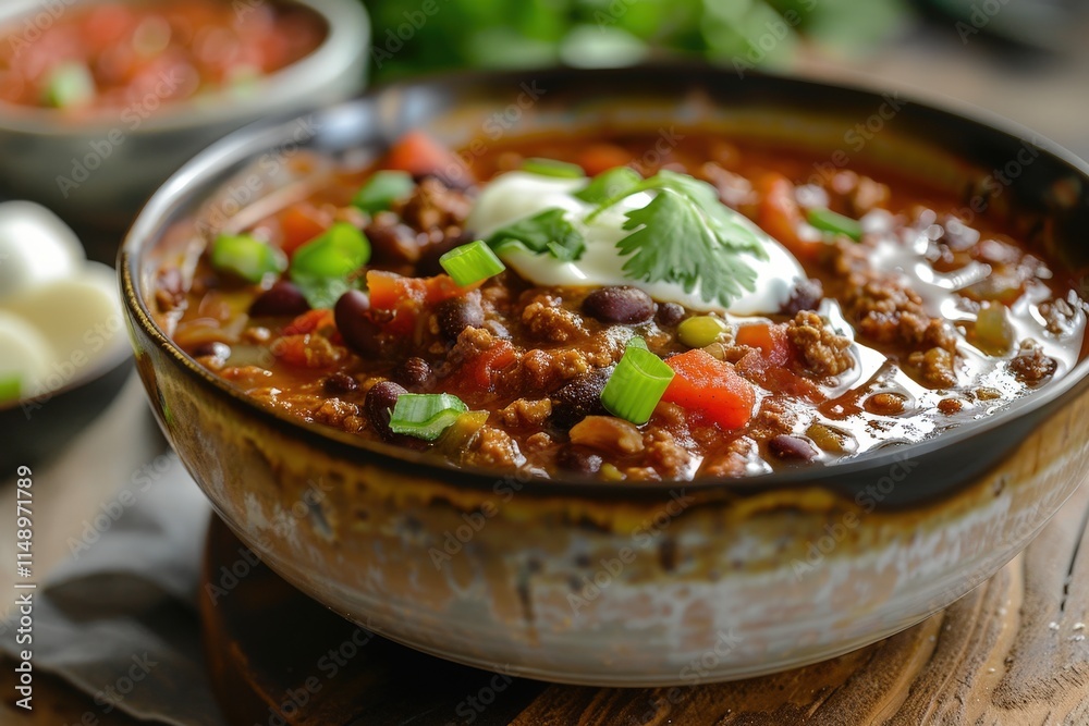 Delicious bean and meat chili prepared with fresh ingredients on a rustic wooden table Delicious bean and meat chili prepared with fresh ingredients on a rustic wooden table
