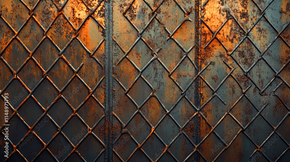 Fototapeta premium Rusty metal chain-link fence with sunlit background