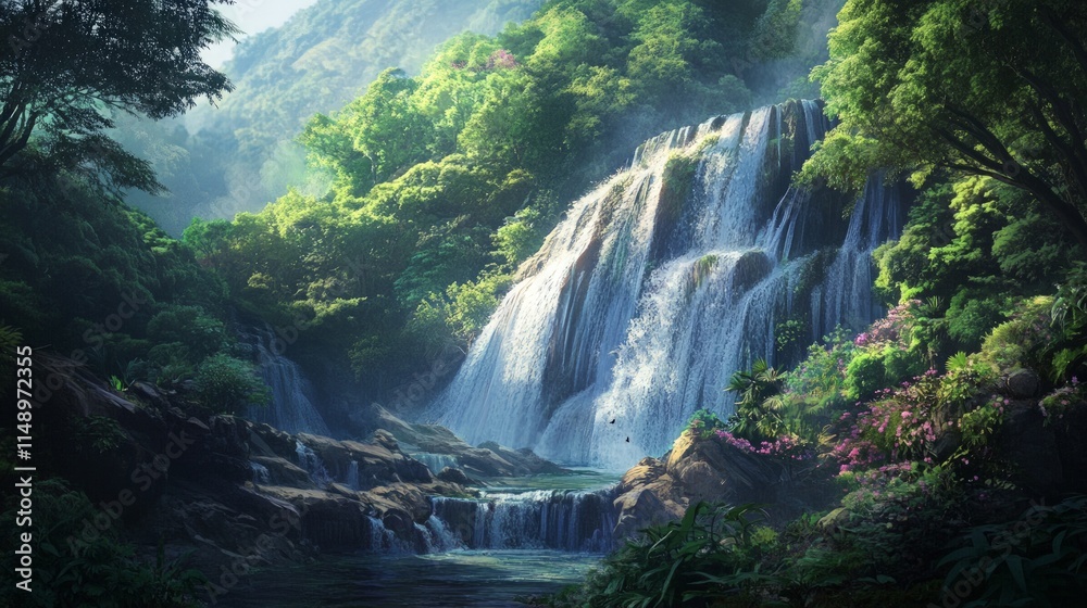 Fototapeta premium Serene Waterfall Surrounded by Lush Greenery and Vibrant Flora