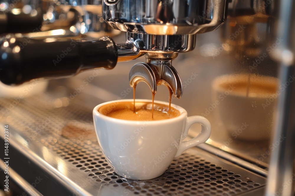 Brewing espresso in a modern cafe with a sleek espresso machine at busy morning hours Brewing espresso in a modern cafe with a sleek espresso machine at busy morning hours