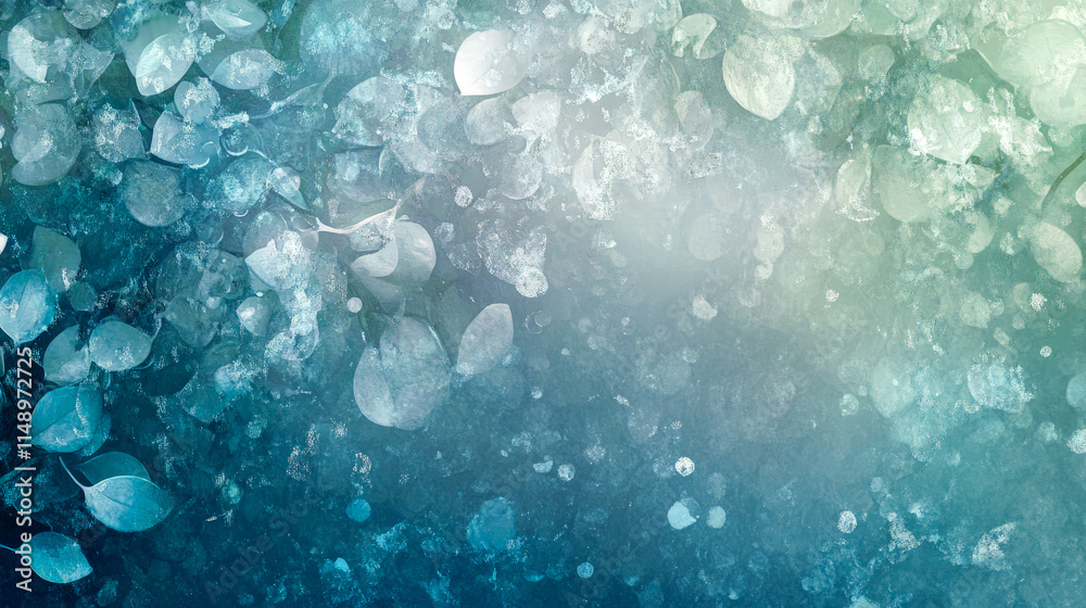 Translucent frosty leaves floating in cool blue and green abstract background Translucent frosty leaves floating in cool blue and green abstract background