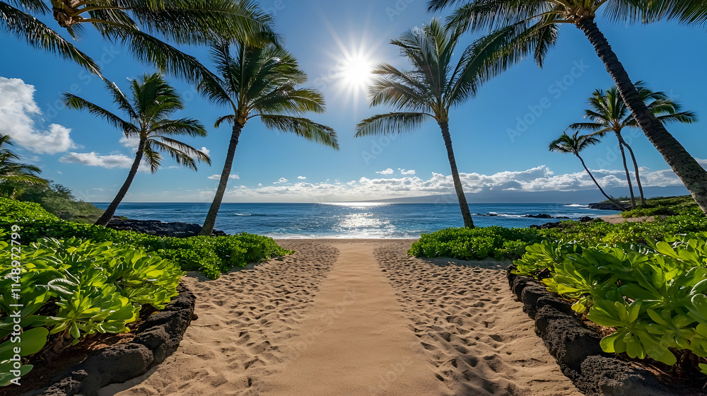 Fototapeta premium Florida Beach Sand Pathway with palm trees and ocean breeze, tropical seaside retreat