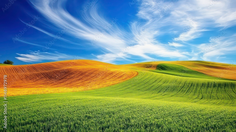Obraz premium Rolling hills of vibrant green and orange fields under a vivid blue sky with dynamic clouds.