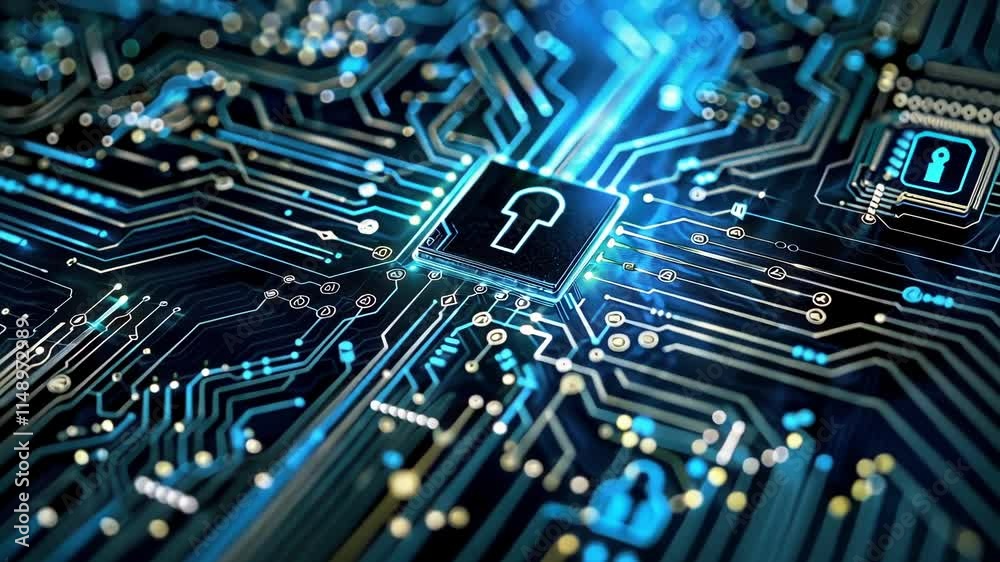 Glowing cybersecurity lock protects big data on a futuristic circuit board, illuminating the concept of digital security in the age of information technology
