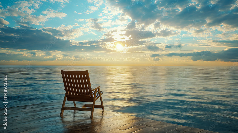Serene seaside sunrise with wooden chair reflecting on calm ocean Serene seaside sunrise with wooden chair reflecting on calm ocean