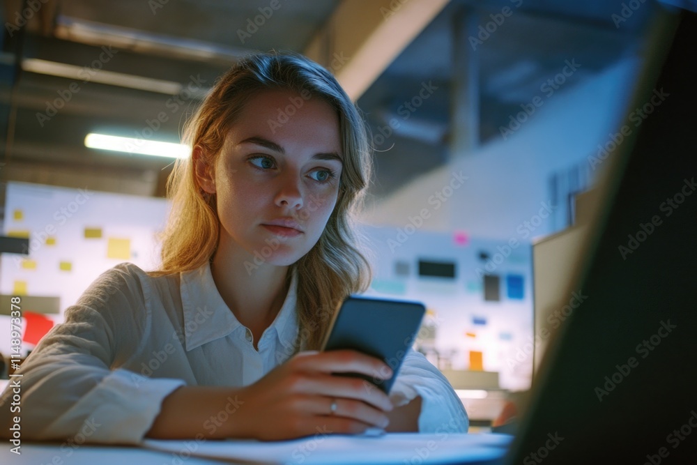 Fototapeta premium Woman looks at cell phone