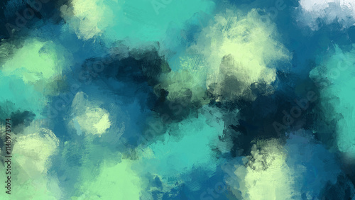 Abstract bright, vibrant and colorful (teal, blue, green, yellow) oil painting background with brush strokes. Digital oil painting. Copy space. Painting done by me.