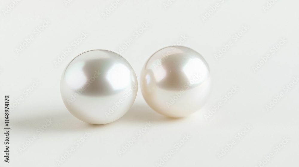 Realistic close-up of a pair of natural button pearls with their rounded shapes and subtle iridescence on a white background Realistic close-up of a pair of natural button pearls with their rounded shapes and subtle iridescence on a white background
