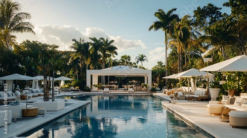 Luxury resort poolside with palm trees, lounge chairs, and bar.