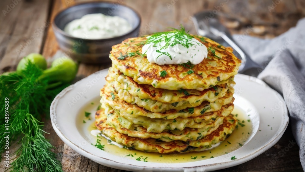 Zucchini fritters, neatly laid out on a wooden table, sour cream and garlic sauce, sprinkled with fresh dill on top of the fritters. Zucchini fritters, neatly laid out on a wooden table, sour cream and garlic sauce, sprinkled with fresh dill on top of the fritters.