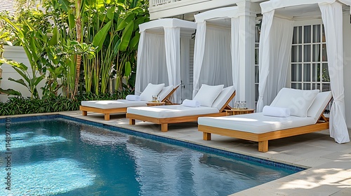 Three luxurious white chaise lounges by a resort pool with white cabanas and lush tropical foliage.
