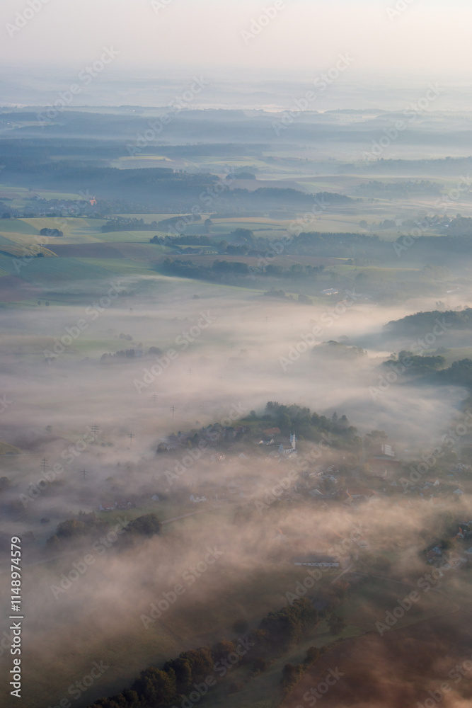 Fog in the morning over typical german landscape Sunset from an Air Plane