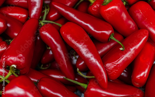 Fototapeta Naklejka Na Ścianę i Meble -  A vibrant close-up of fresh red chili peppers with green stems, showcasing their glossy texture and bold color, ideal for food and spice photography.